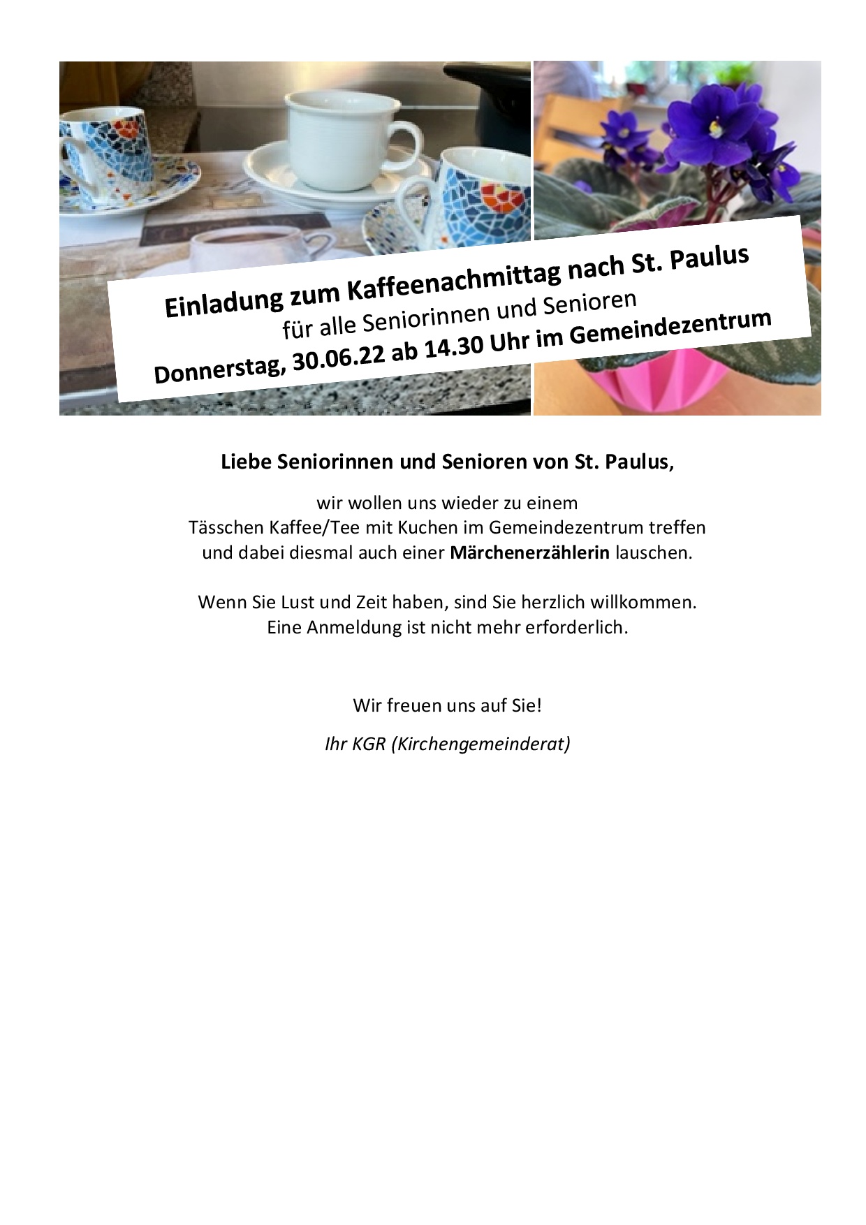 Kaffenachmittag für Seniorinnen und Senioren am Donnerstag, 30.06.22 ab 14.30 Uhr im Gemeindezentrum
