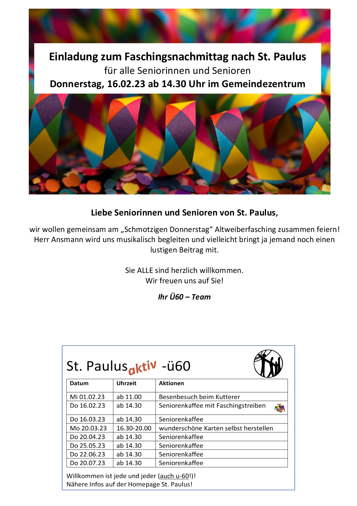 Ü60-Faschingsnachmittag für alle Seniorinnen und Senioren