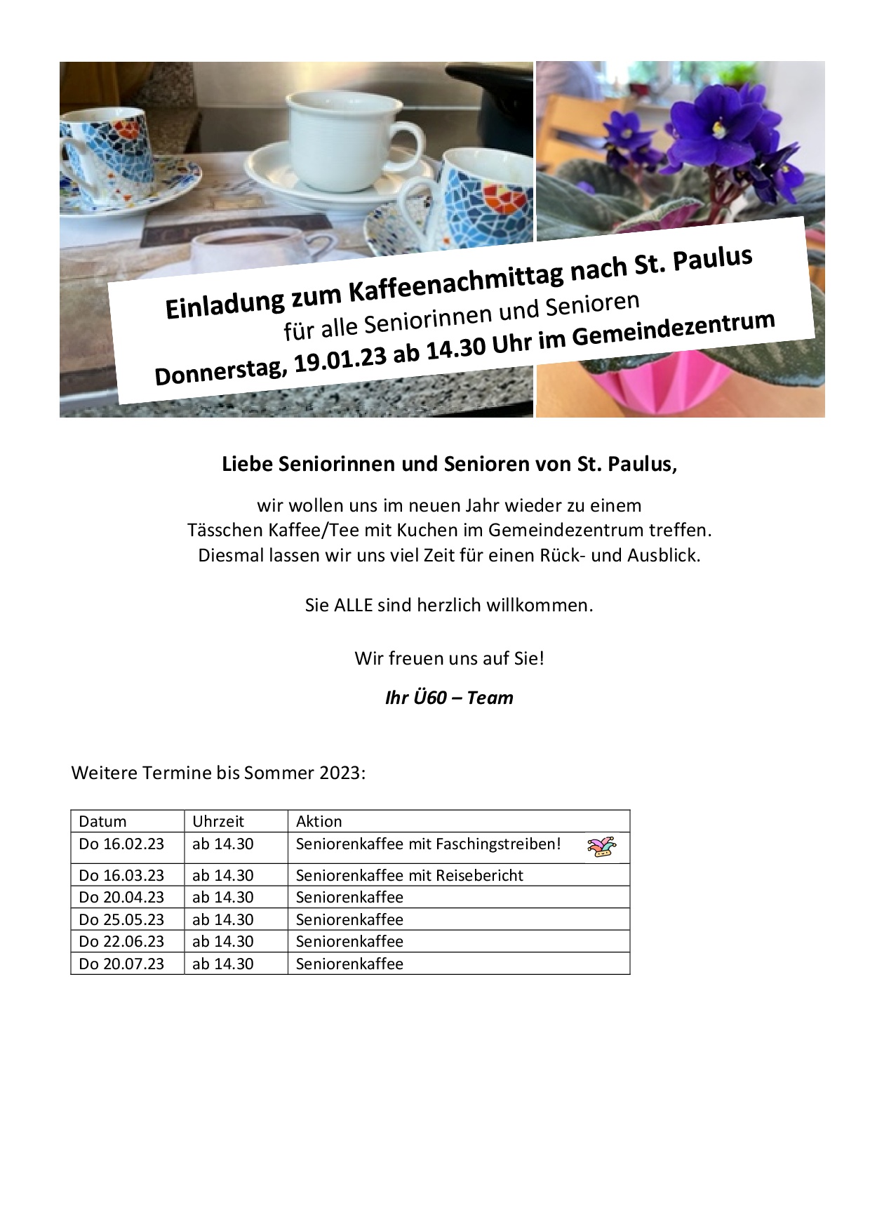 Einladung zum Kaffeenachmittag nach St. Paulus am Donnerstag, 19. Januar