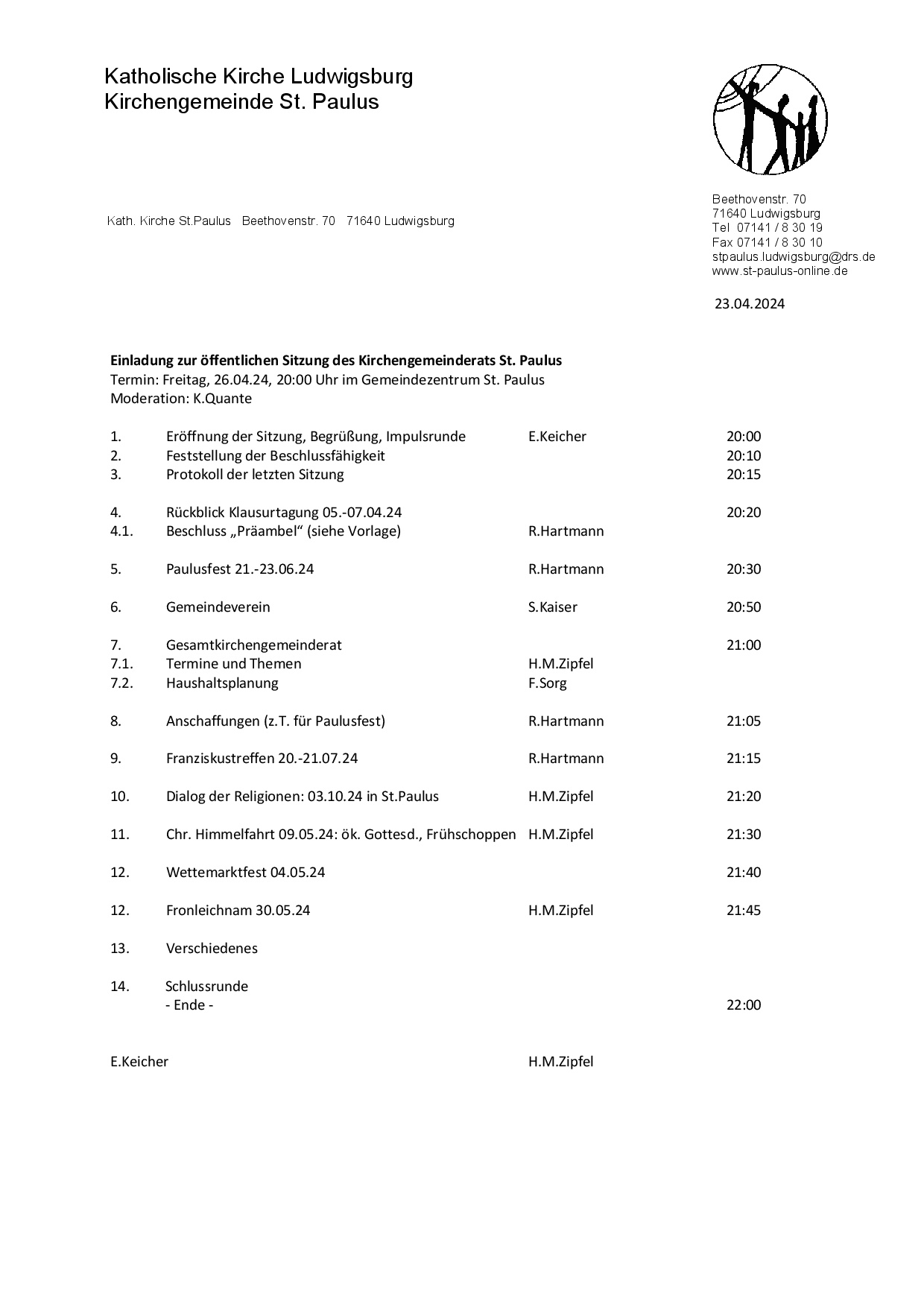 Sitzung des Kirchengemeinderates am 26.4.