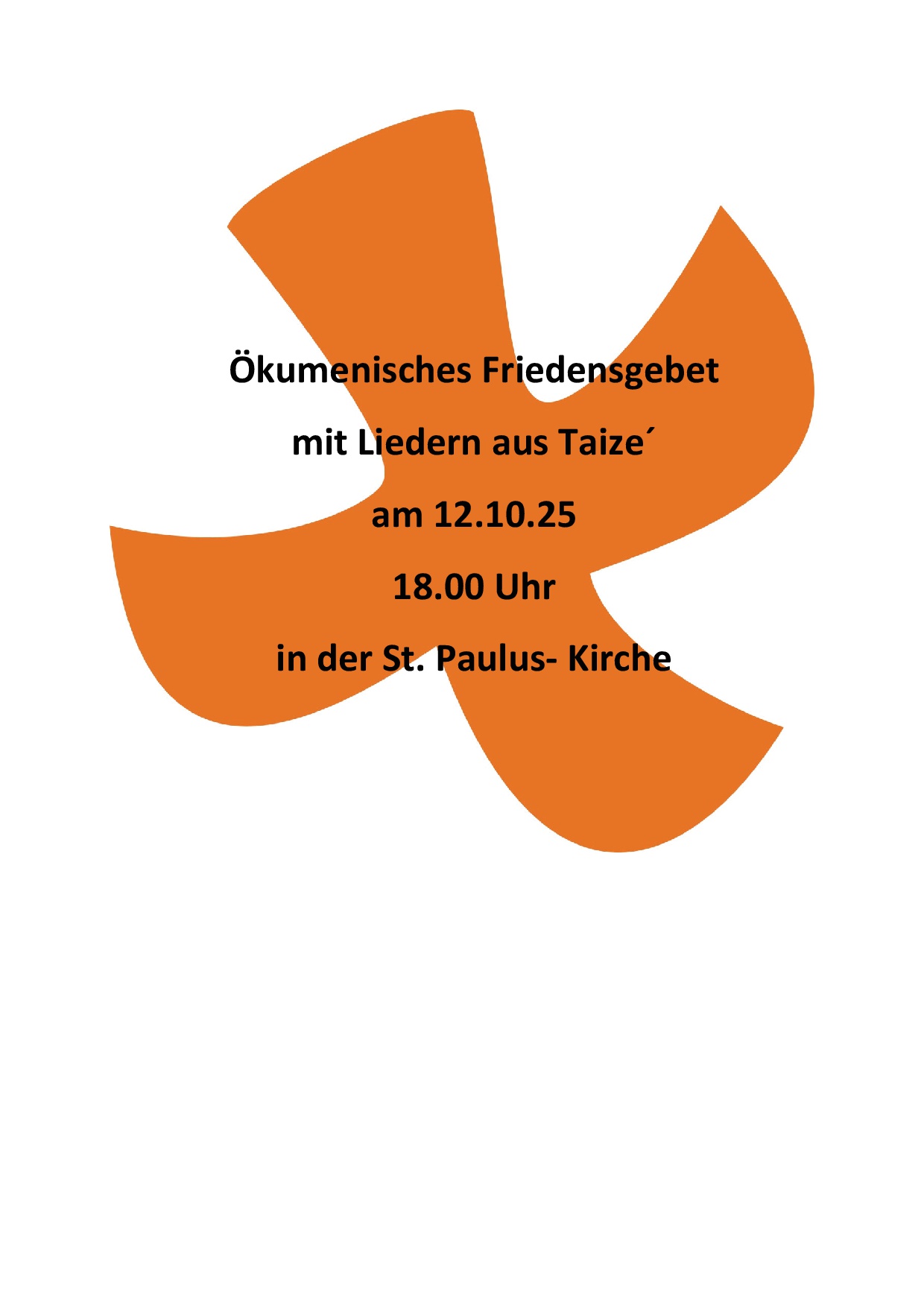 Ökumenisches Friedensgebet mit Liedern aus Taizé am 12.10. um 18:00 Uhr